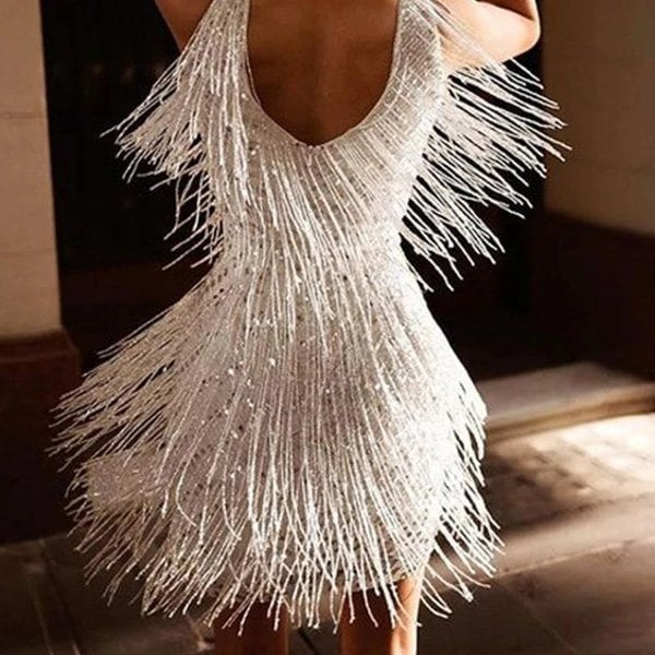 Robe mini à franges et à paillettes à col en V pour femme