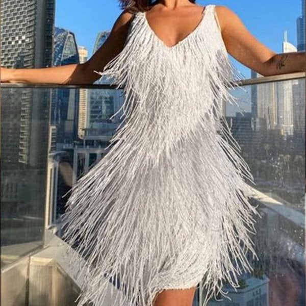 Robe mini à franges et à paillettes à col en V pour femme