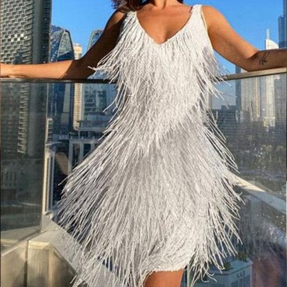 Robe mini à franges et à paillettes à col en V pour femme