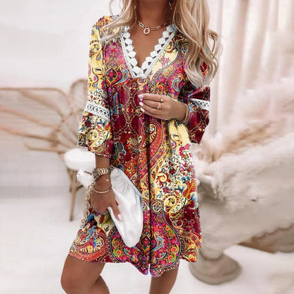 Robe mini trapèze à col en V pour femme