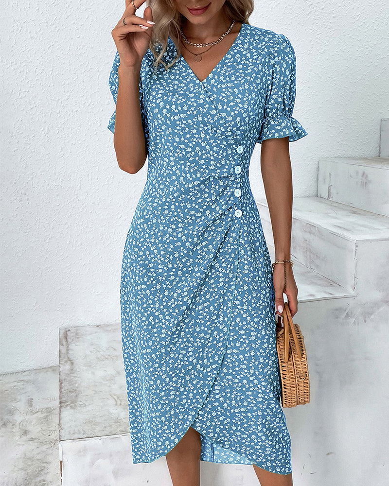 Robe portefeuille élégante à imprimé fleuri et col en V