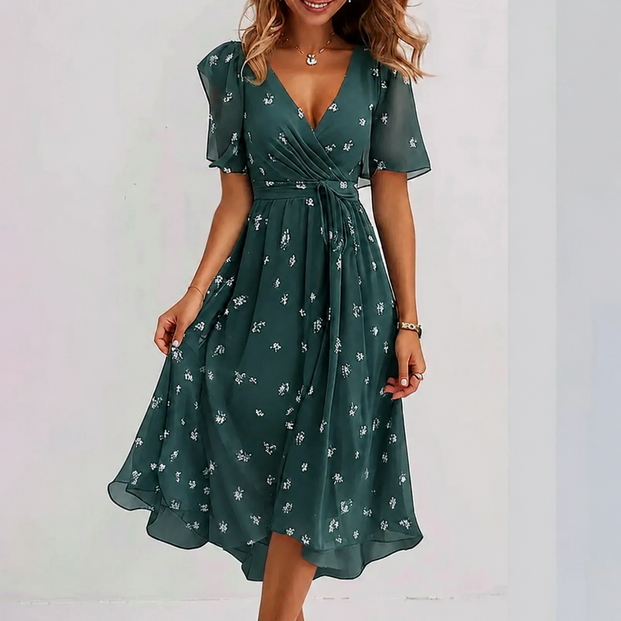 Robe portefeuille midi à fleurs pour femme