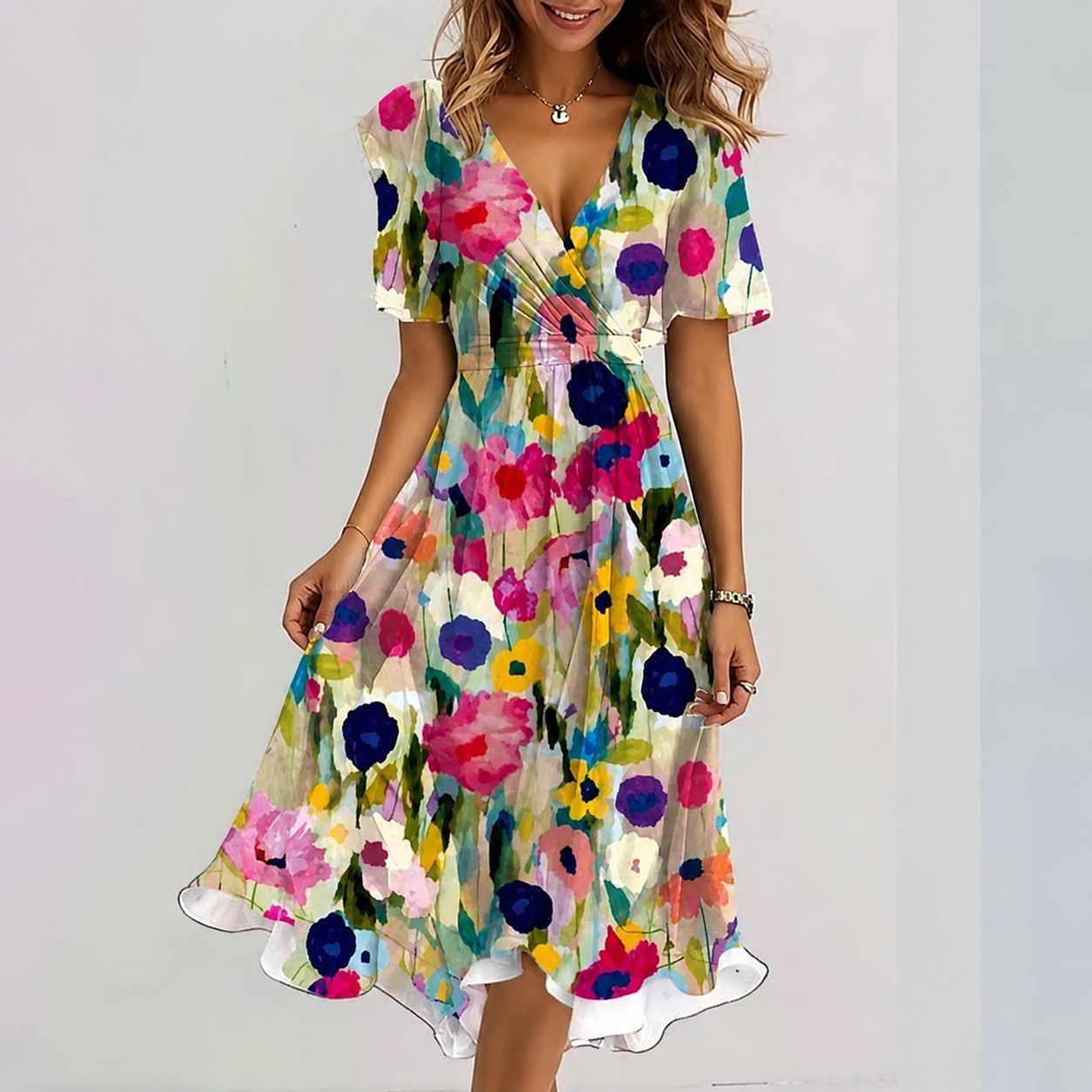Robe portefeuille midi à fleurs pour femme