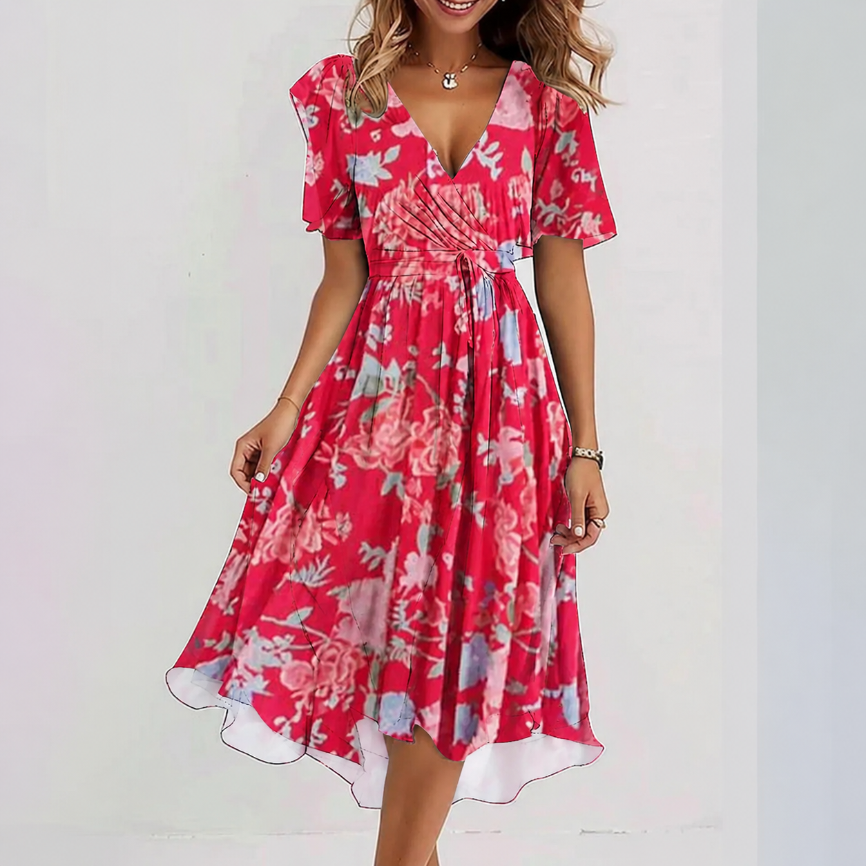 Robe portefeuille midi à fleurs pour femme