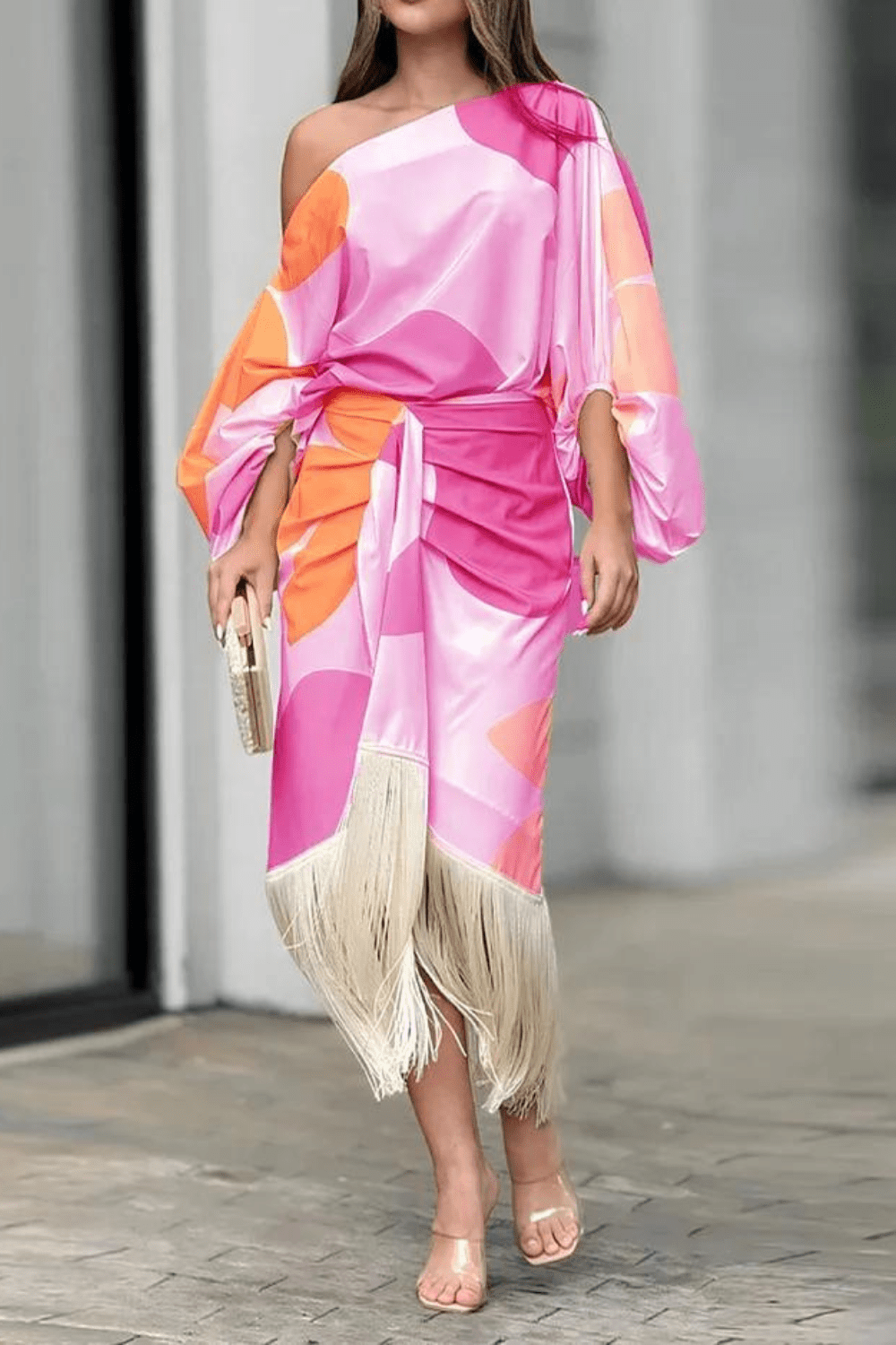 Robe portefeuille midi à une épaule à franges pour femme