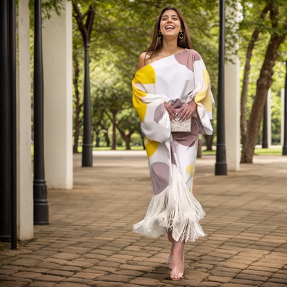 Robe portefeuille midi à une épaule à franges pour femme