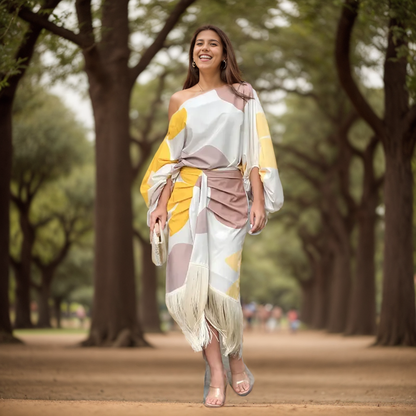 Robe portefeuille midi à une épaule à franges pour femme