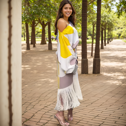Robe portefeuille midi à une épaule à franges pour femme