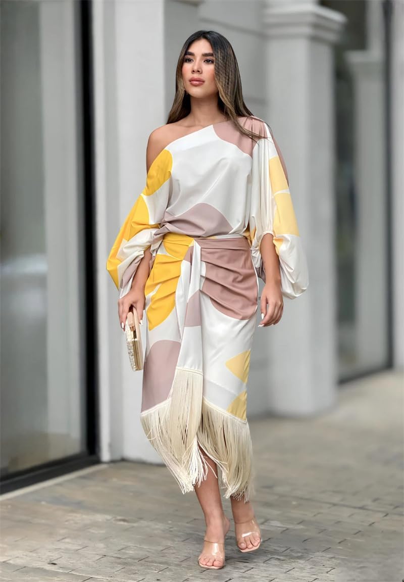 Robe portefeuille midi à une épaule à franges pour femme