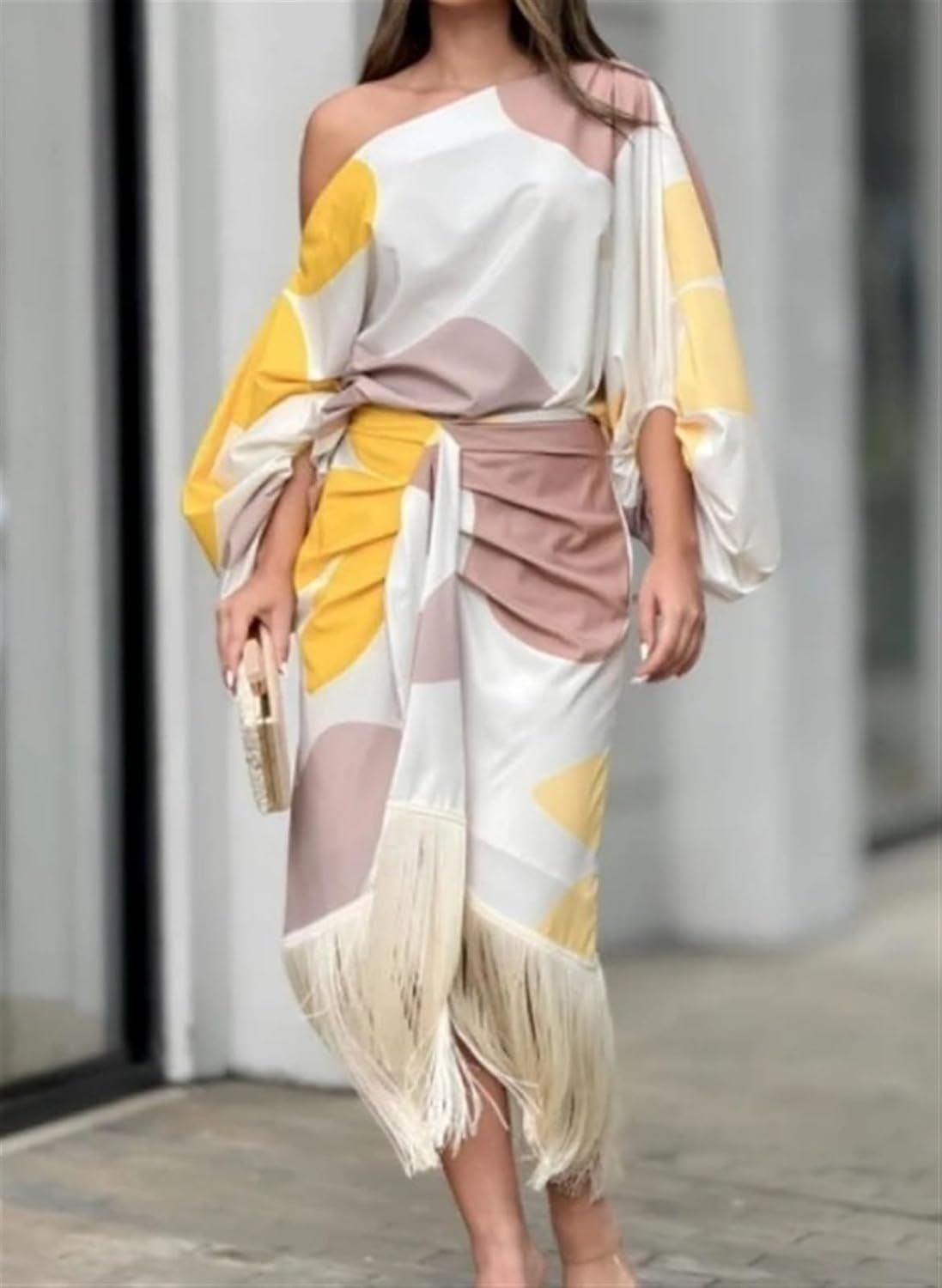 Robe portefeuille midi à une épaule à franges pour femme