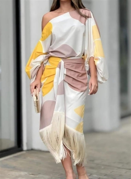 Robe portefeuille midi à une épaule à franges pour femme