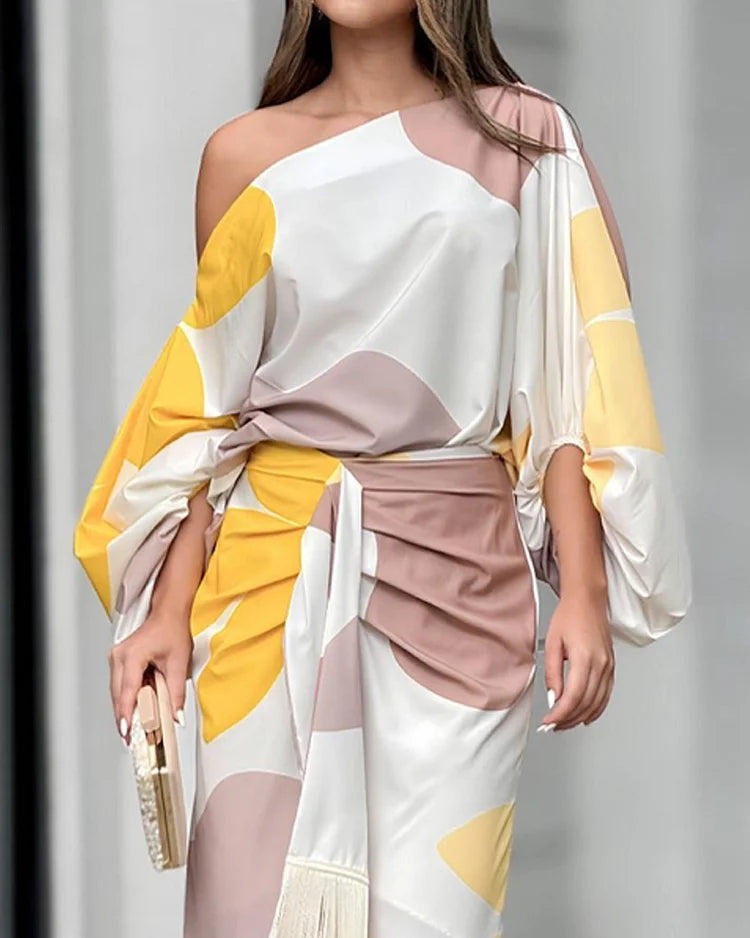 Robe portefeuille midi à une épaule à franges pour femme