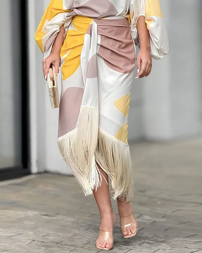 Robe portefeuille midi à une épaule à franges pour femme