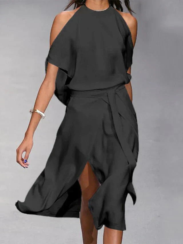 Robe portefeuille midi sans manches pour femme