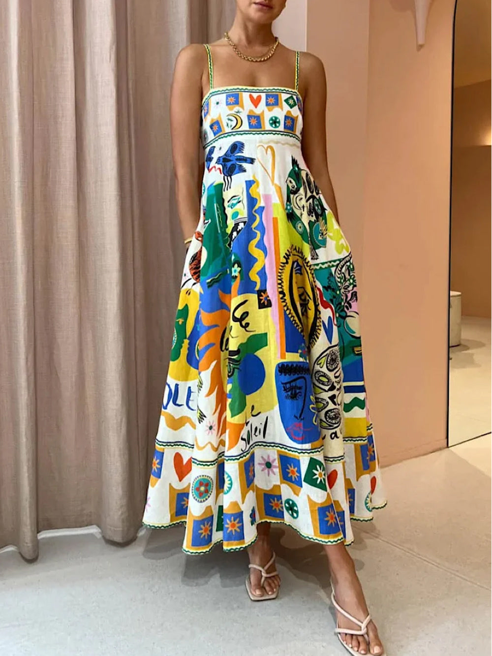 Robe trapèze longue sans manches femme