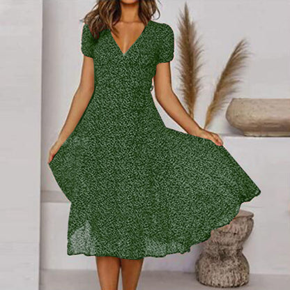Robe trapèze midi à col en V à fleurs pour femme