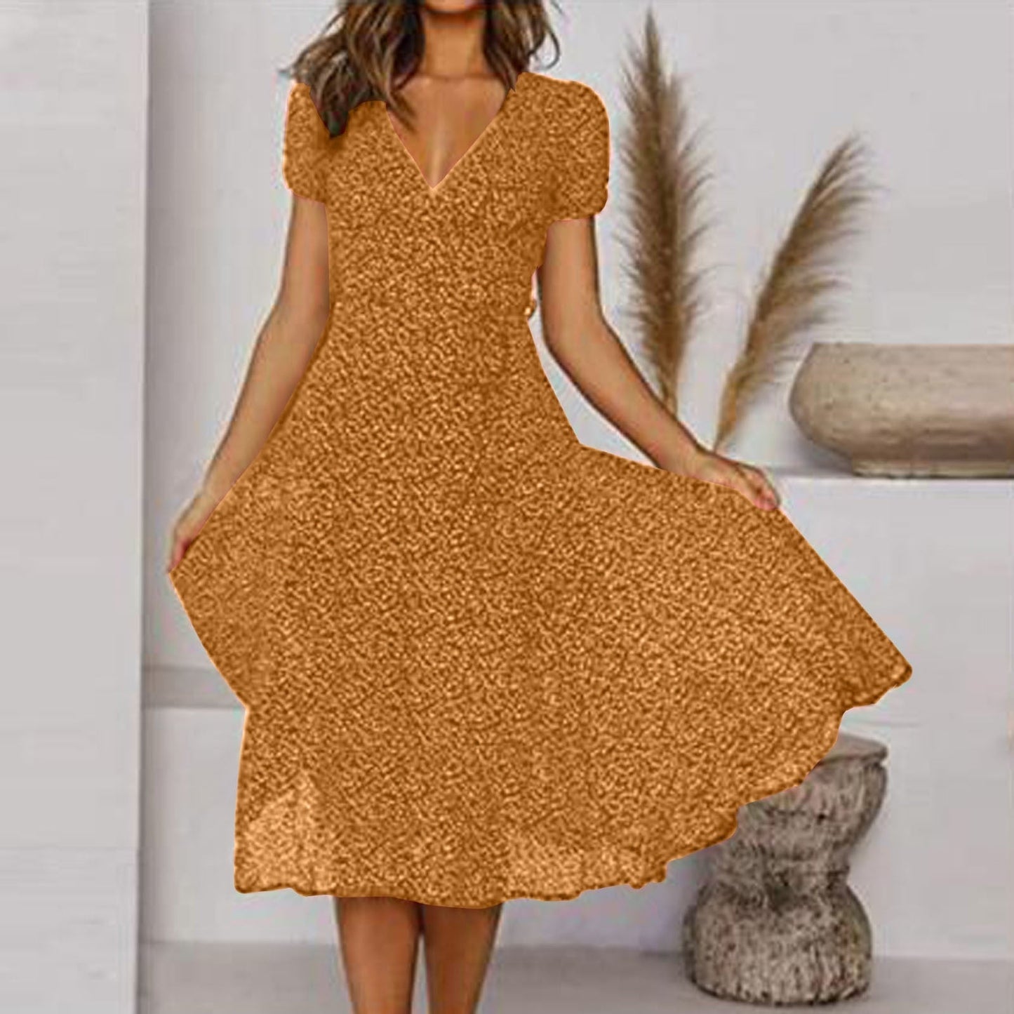 Robe trapèze midi à col en V à fleurs pour femme