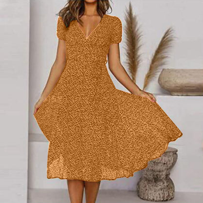 Robe trapèze midi à col en V à fleurs pour femme