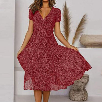 Robe trapèze midi à col en V à fleurs pour femme