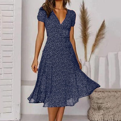 Robe trapèze midi à col en V à fleurs pour femme