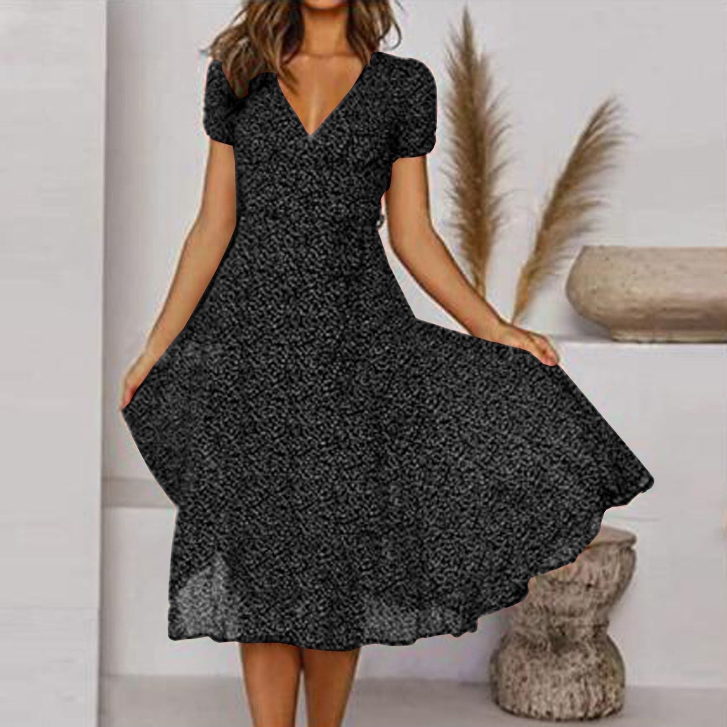 Robe trapèze midi à col en V à fleurs pour femme