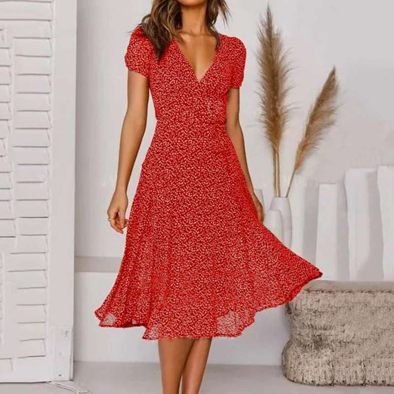 Robe trapèze midi à col en V à fleurs pour femme