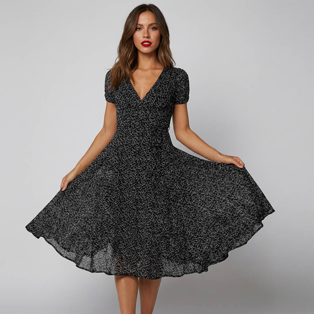 Robe trapèze midi à col en V à fleurs pour femme