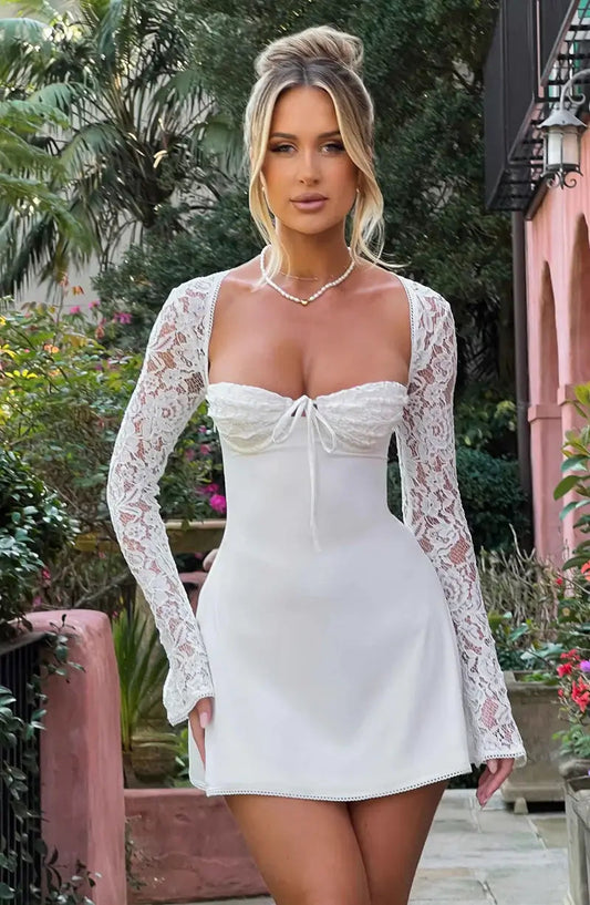 Robe trapèze mini à manches longues en dentelle pour femme