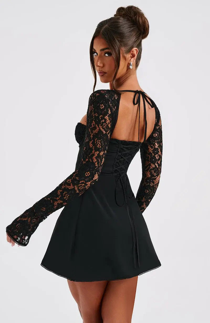 Robe trapèze mini à manches longues en dentelle pour femme
