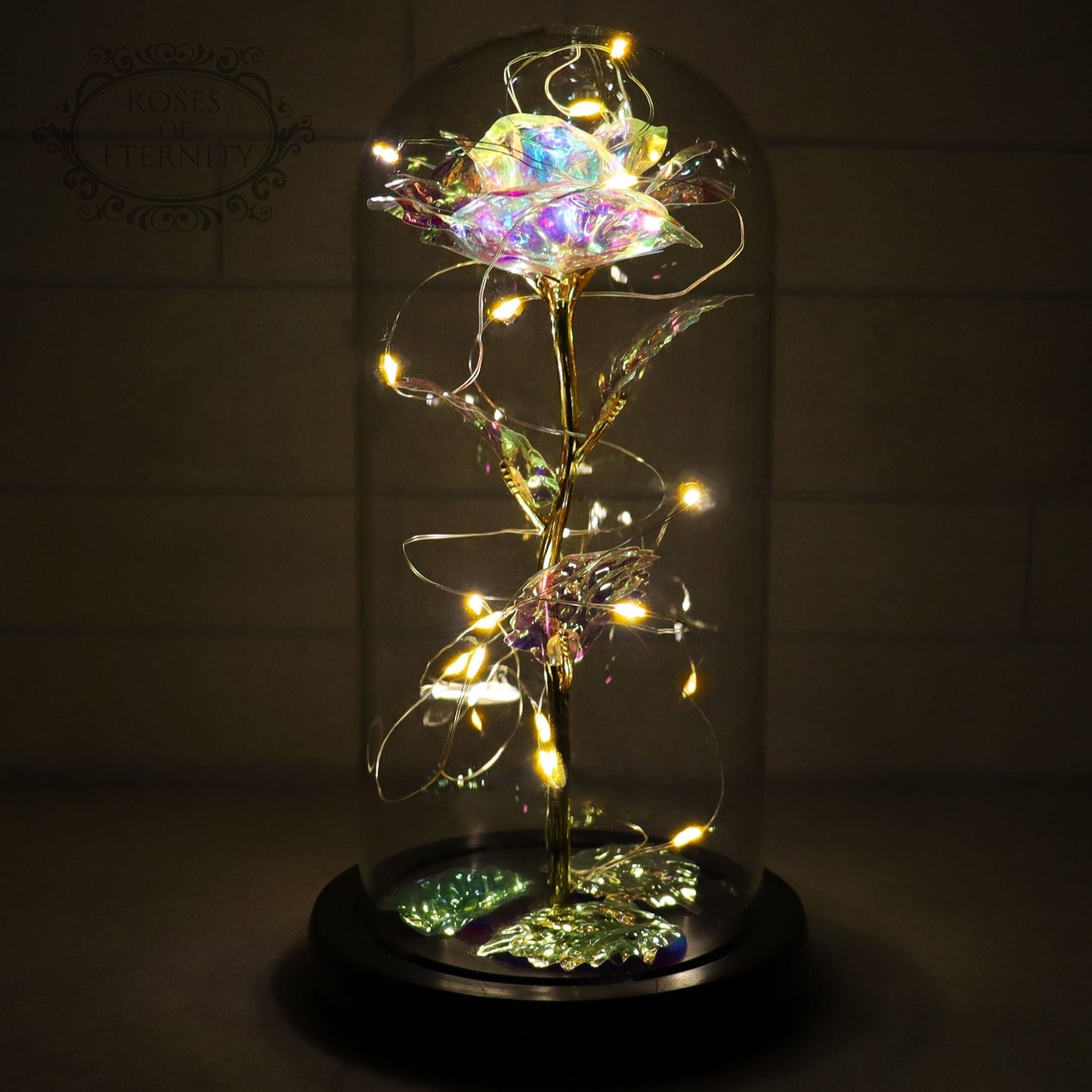 Rose éternelle | rose dorée sous cloche en verre avec éclairage LED