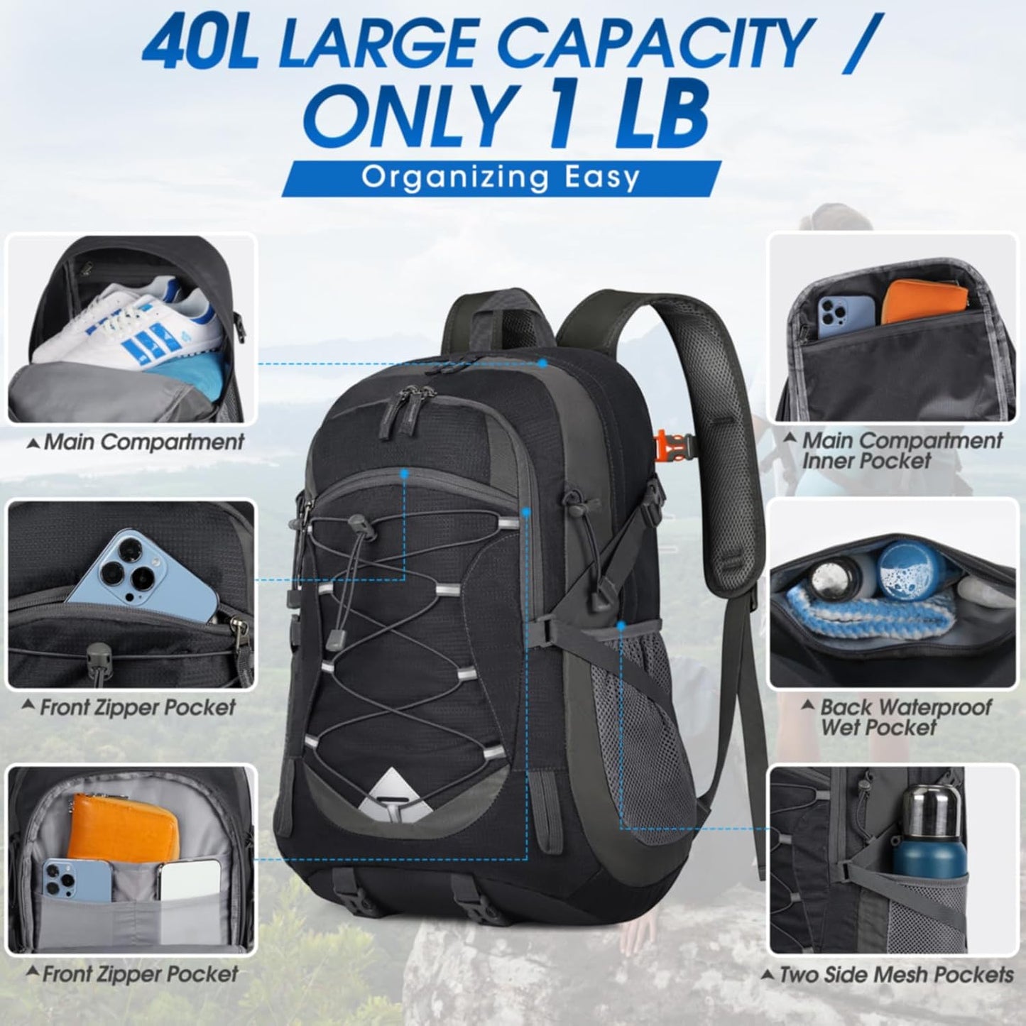 Sac à dos 40 L imperméable de randonnée et de camping — léger et pliable
