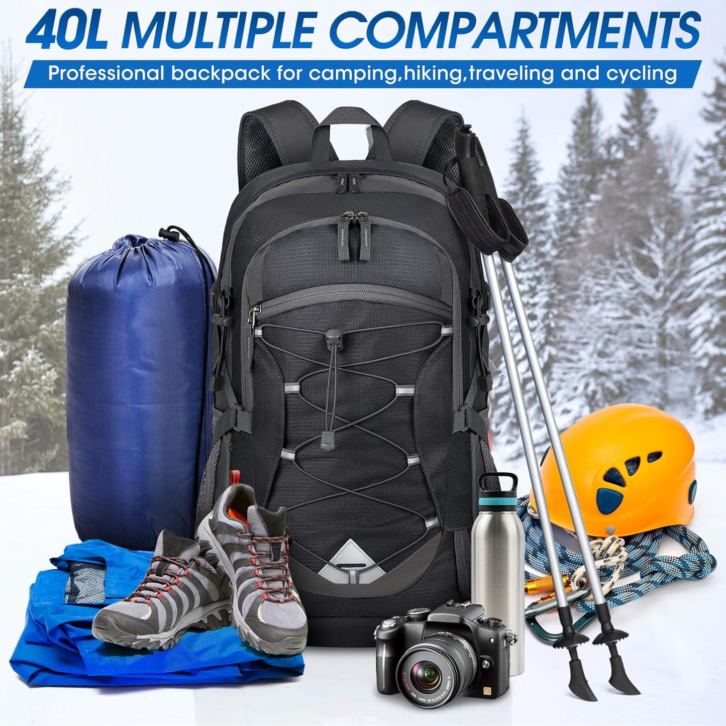 Sac à dos 40 L imperméable de randonnée et de camping — léger et pliable
