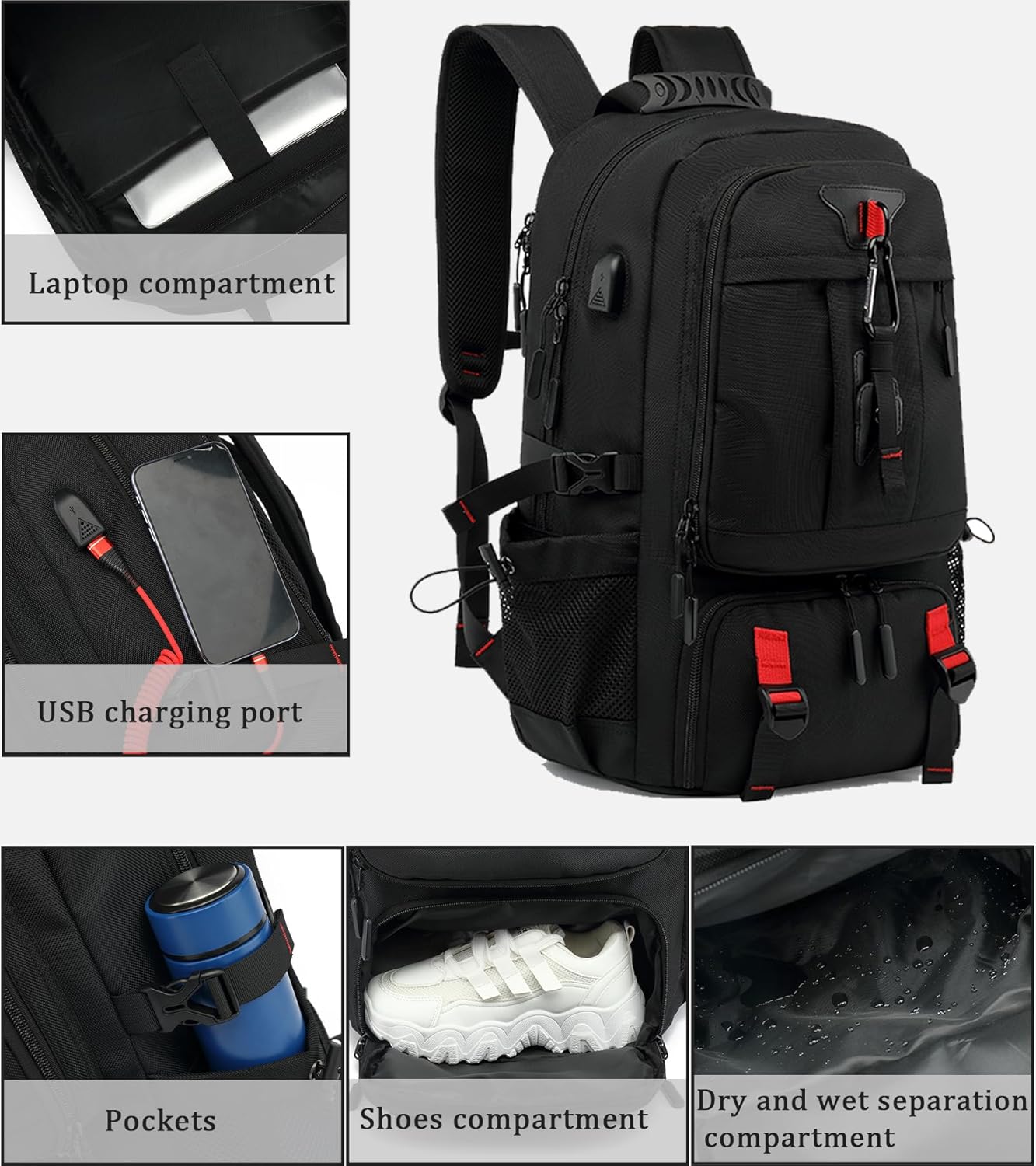 Sac à dos de voyage 60 L imperméable pour ordinateur portable avec port USB et compartiment à chaussures