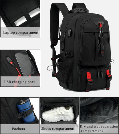 Sac à dos de voyage 60 L imperméable pour ordinateur portable avec port USB et compartiment à chaussures