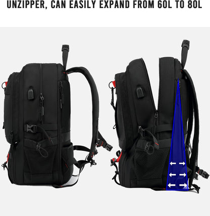Sac à dos de voyage 60 L imperméable pour ordinateur portable avec port USB et compartiment à chaussures