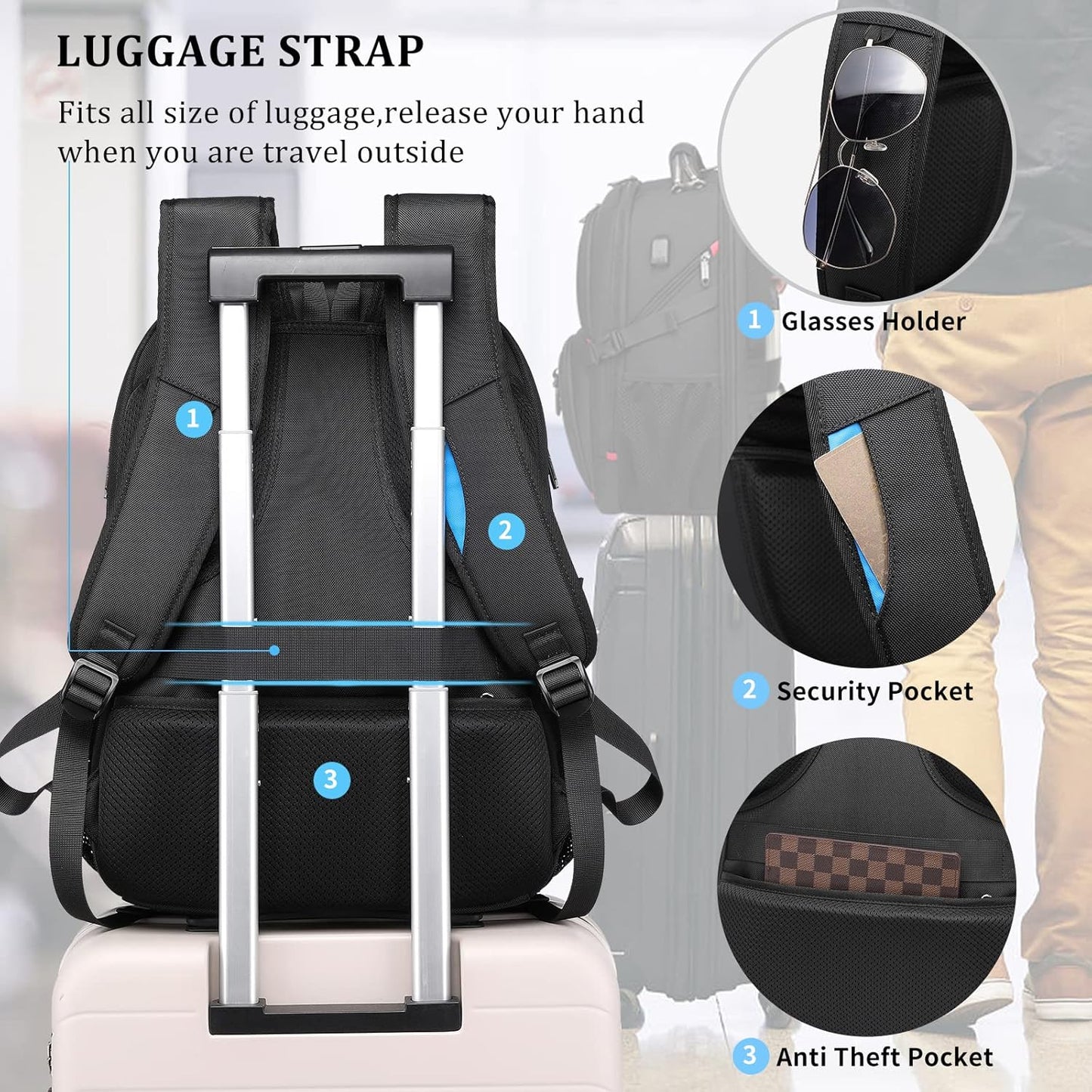 Sac à dos de voyage pour ordinateur portable unisexe 50 L, résistant à l'eau, très grand format
