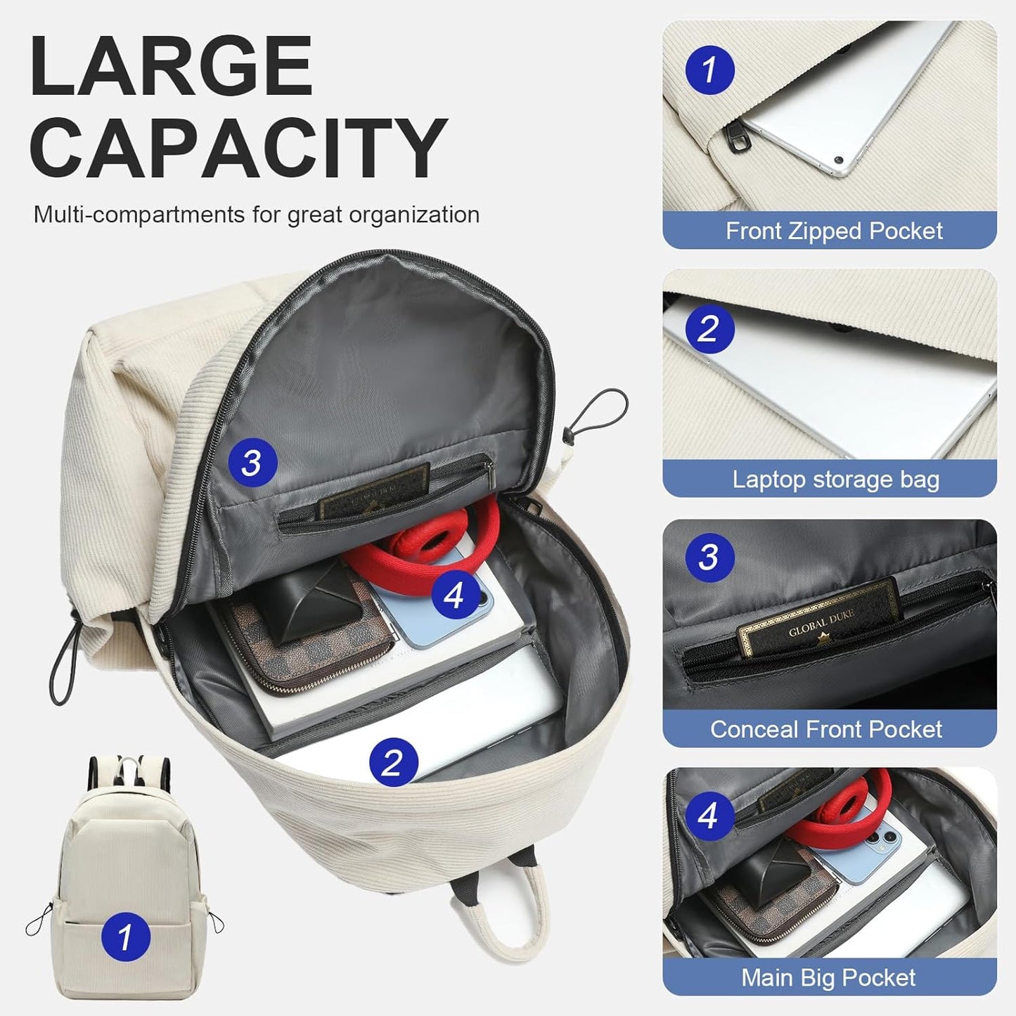 Sac à dos léger et déperlant pour ordinateur portable et voyage avec compartiments organisés