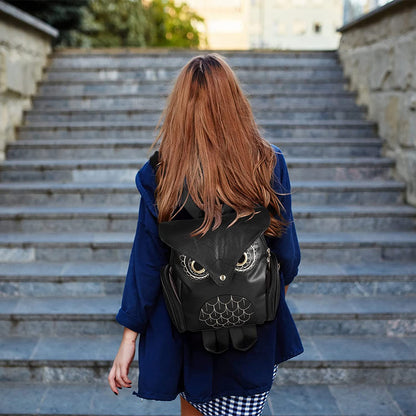 Sac à dos pour femme en cuir PU imprimé hibou multi-poches