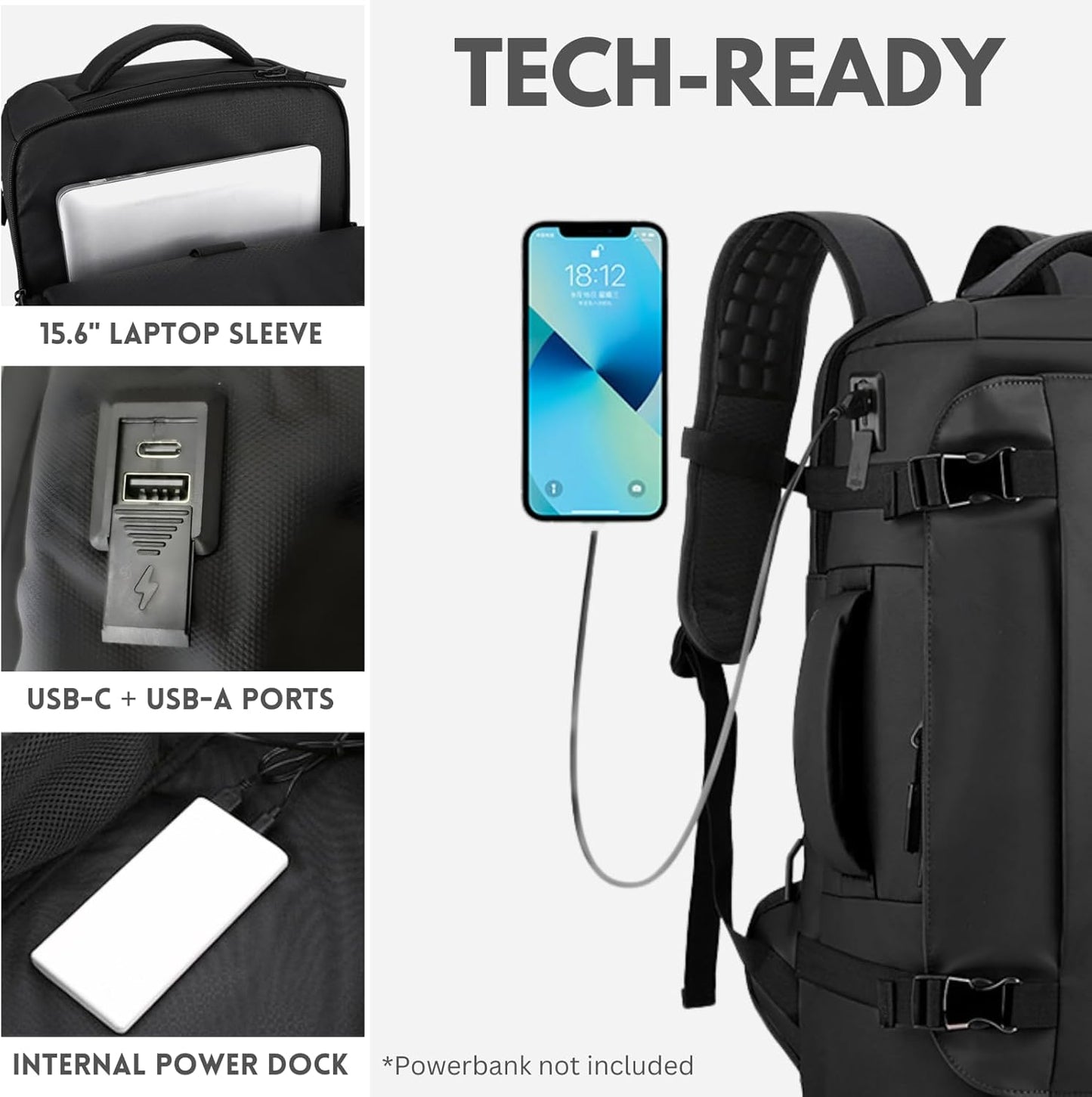 Sac à dos pour ordinateur portable 15” (38,1 cm) imperméable avec ouverture latérale et port USB-C