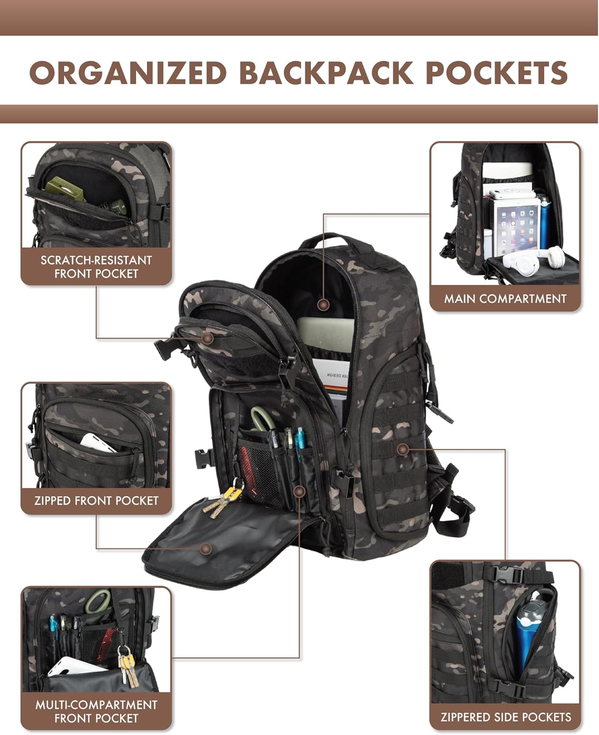 Sac à dos tactique 35 L mixte - système MOLLE et rangement pour ordinateur portable