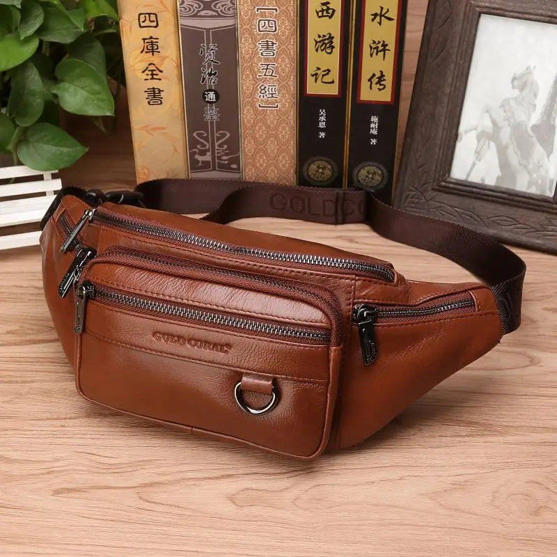 Sac banane en cuir de vachette véritable pour homme – grande capacité, port à la ceinture ou en bandoulière pour le voyage