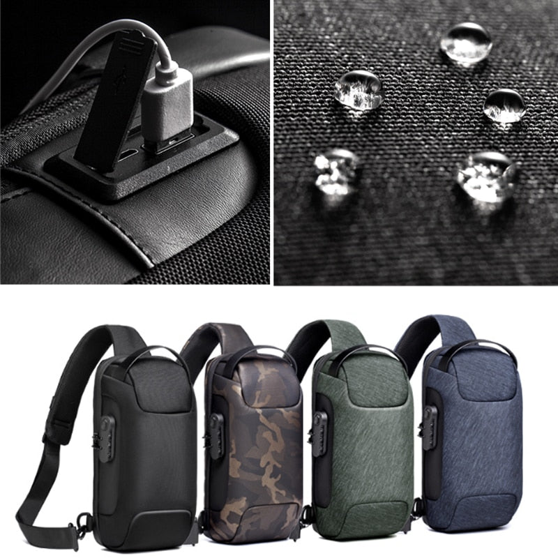 Sac bandoulière pour homme antivol résistant à l’eau avec port de charge USB