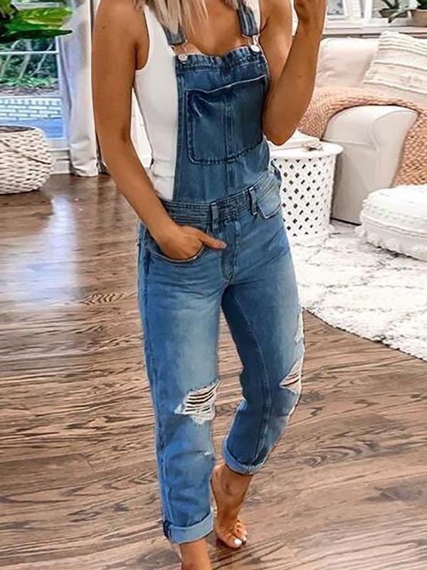 Salopette en jean à effet déchiré, coupe décontractée, pour femme