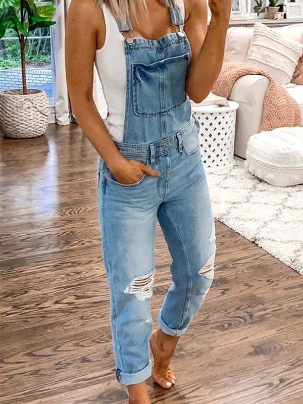 Salopette en jean à effet déchiré, coupe décontractée, pour femme