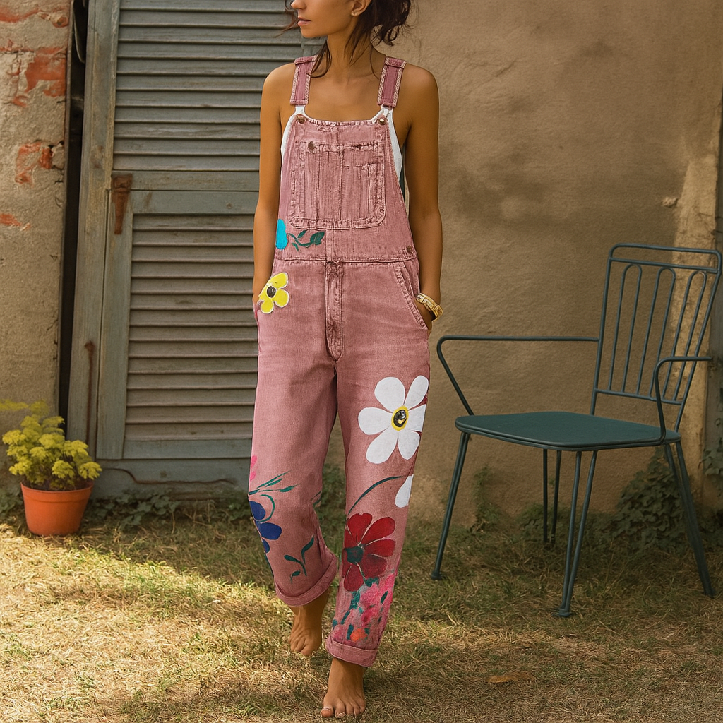 Salopette en jean à motif fleuri