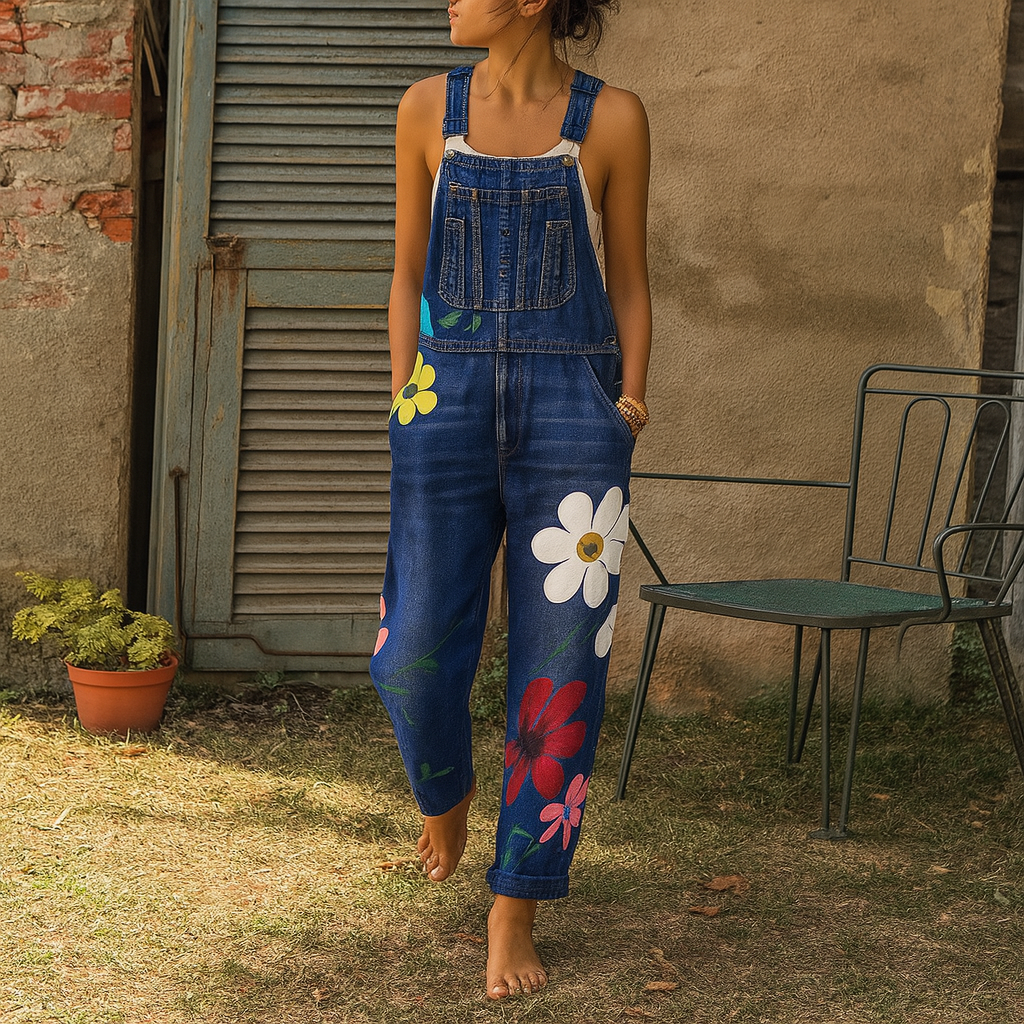 Salopette en jean à motif fleuri