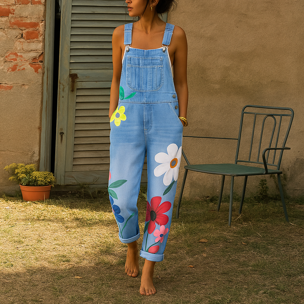 Salopette en jean à motif fleuri