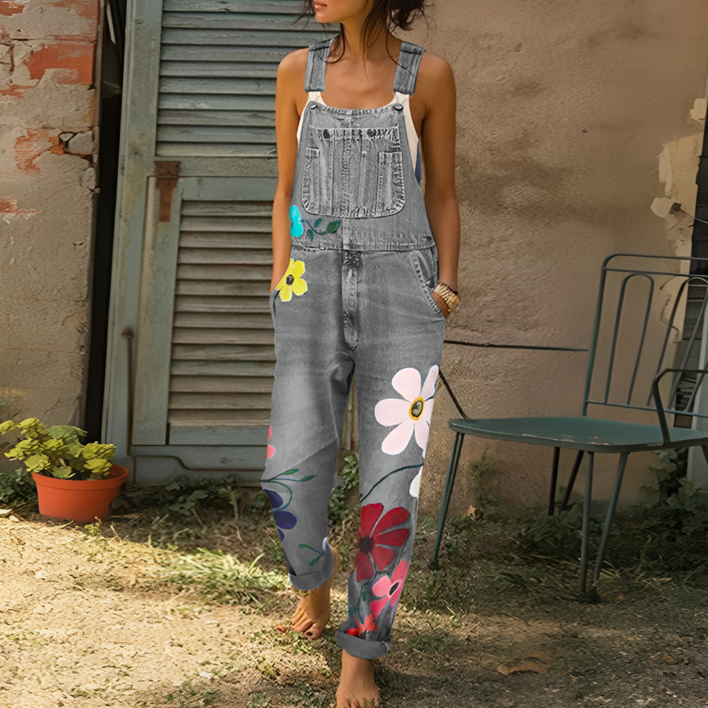 Salopette en jean à motif fleuri