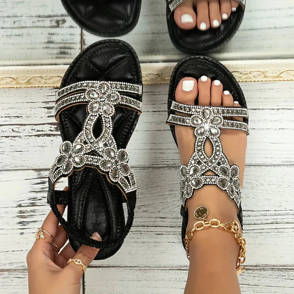 Sandales femme plates à bride en T ornées