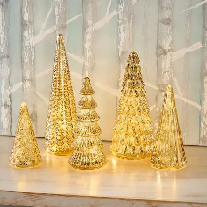 Sapins de Noël en verre mercurisé soufflés à la bouche avec lueur LED chaude